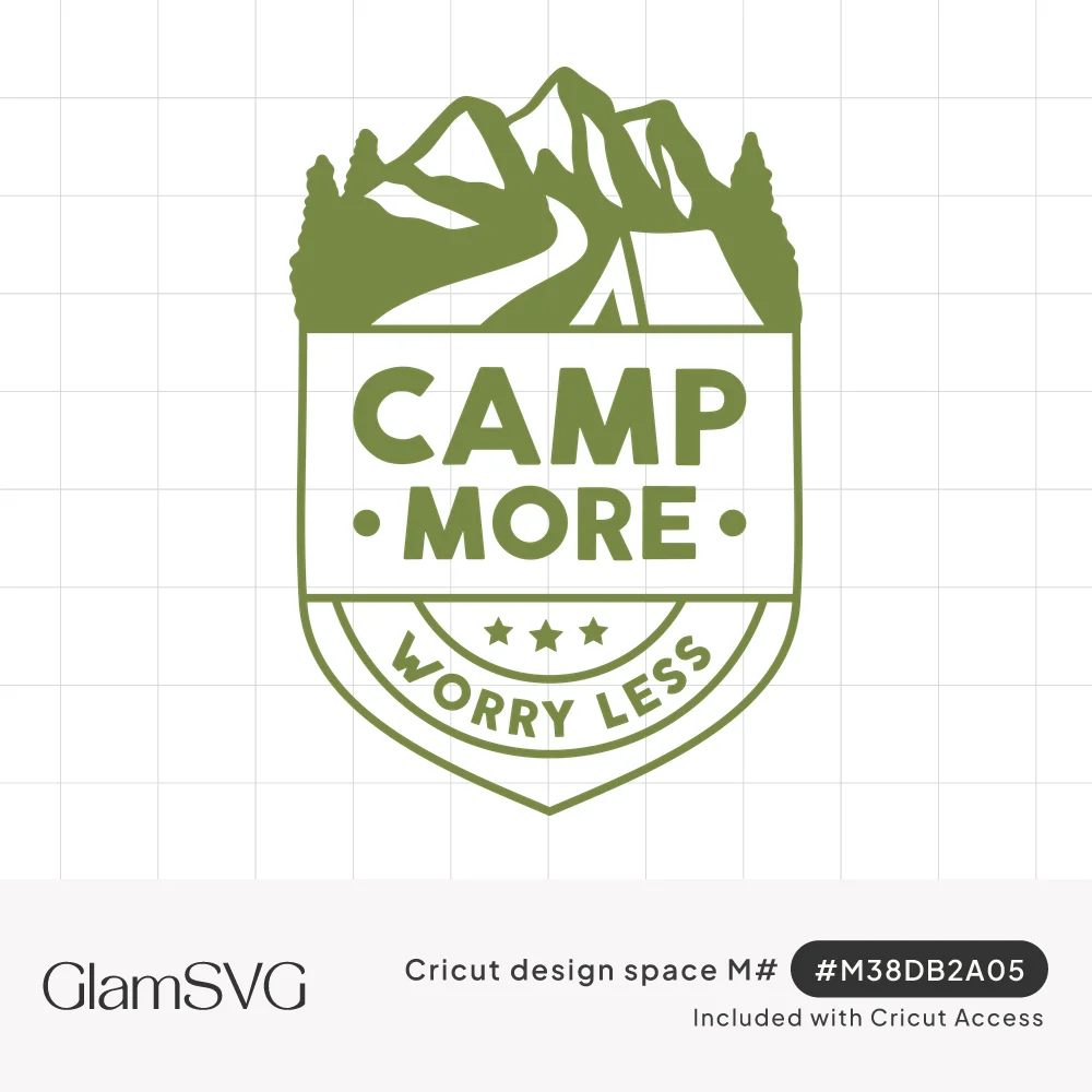 Olive green shield badge with mountains, pine trees and a winding road above the words Camp More Worry Less