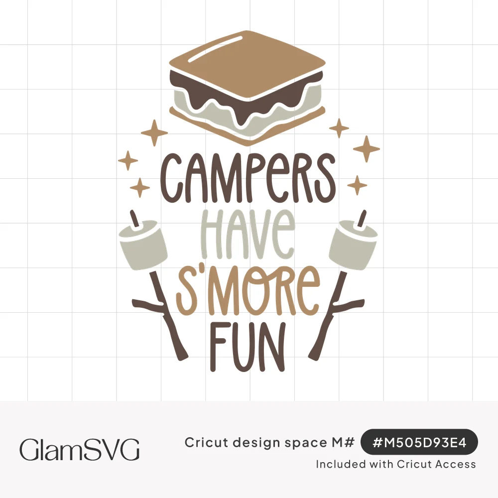 S'more with melting chocolate above the words Campers Have S'more Fun, flanked by marshmallows on sticks and small stars