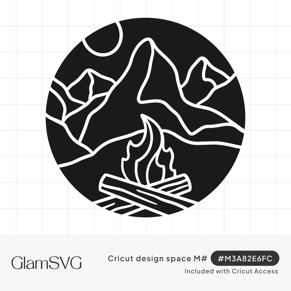 Black circle with white line art of mountain peaks, a moon, and a campfire burning on crossed logs