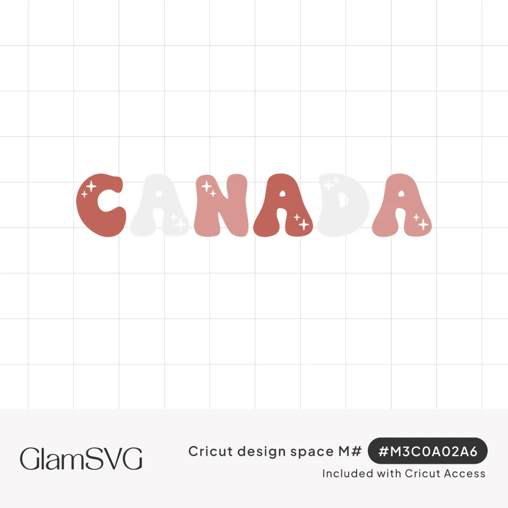 The word CANADA in puffy groovy bubble letters alternating brick red, pale gray and pink, with small white sparkles