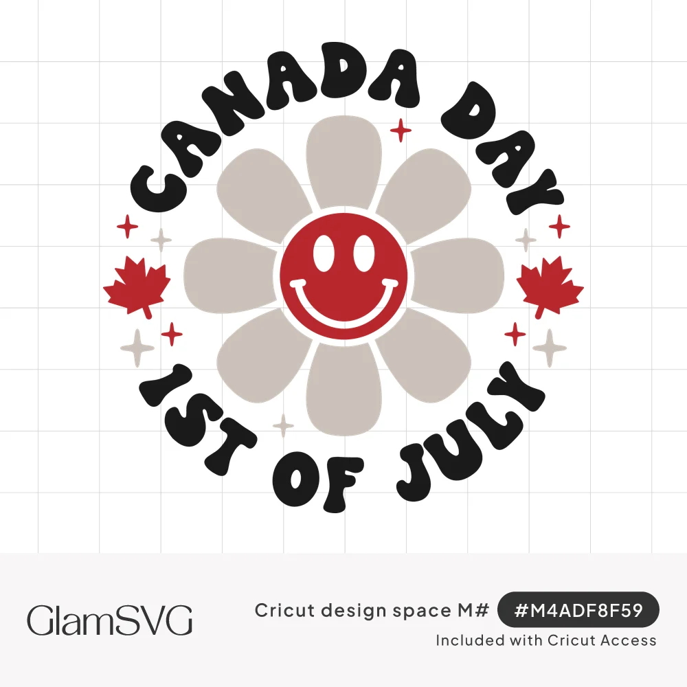 Smiley face daisy circled by bold retro text reading Canada Day 1st of July with red maple leaves and sparkles