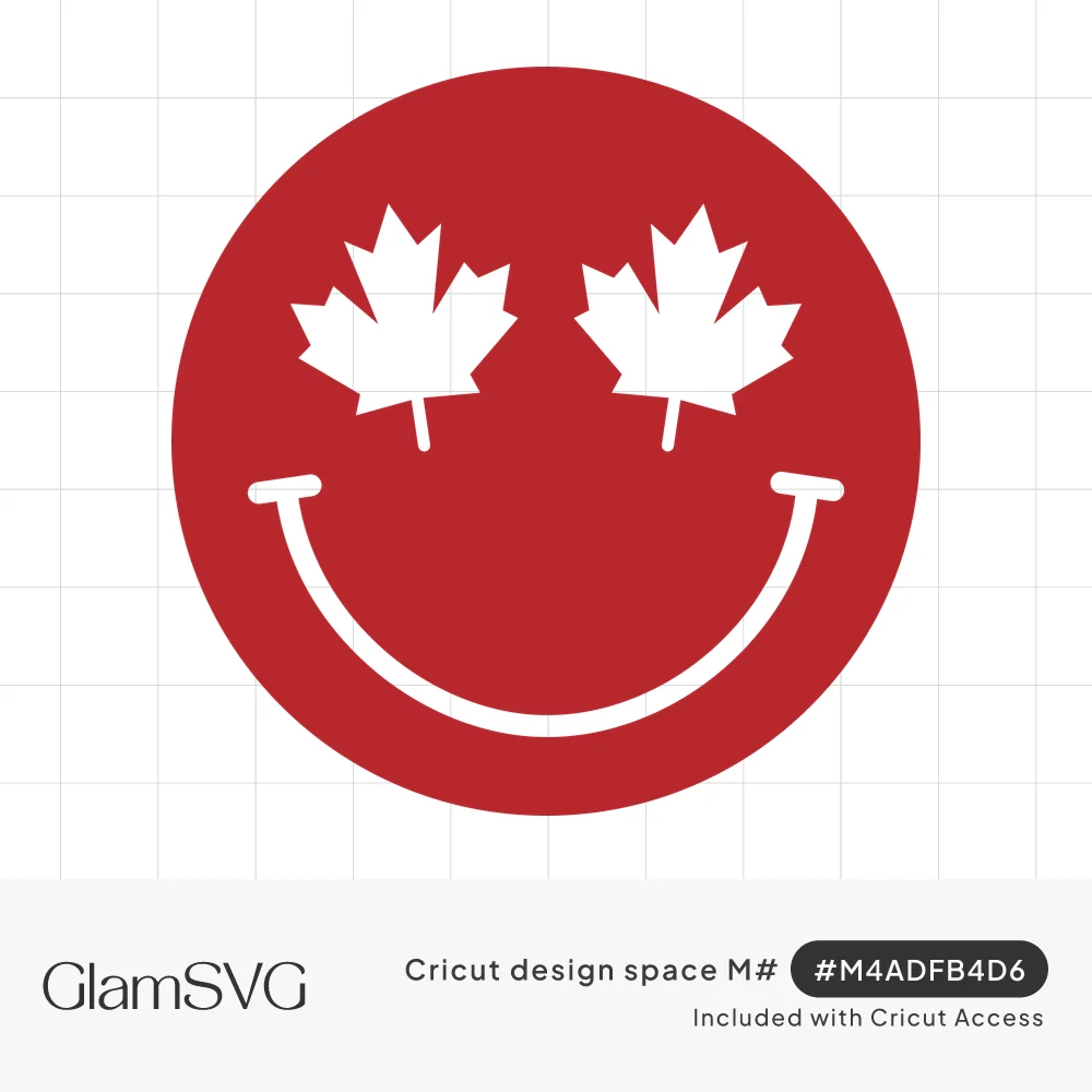 Red circle smiley face with two white maple leaves for eyes and a wide white curved smile