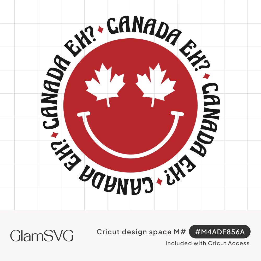 Red smiley face with white maple leaf eyes inside a circle of repeating black "Canada Eh?" text with red diamonds