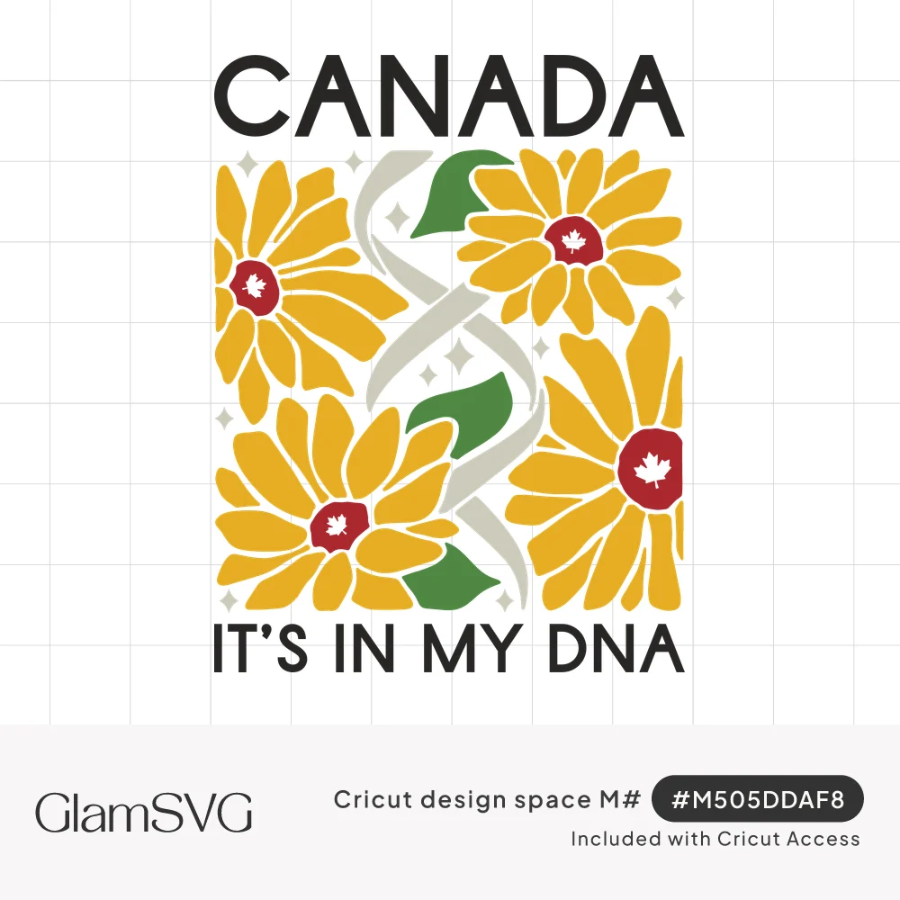 Yellow flowers with red maple leaf centers around a gray DNA helix, with text reading Canada It's In My DNA