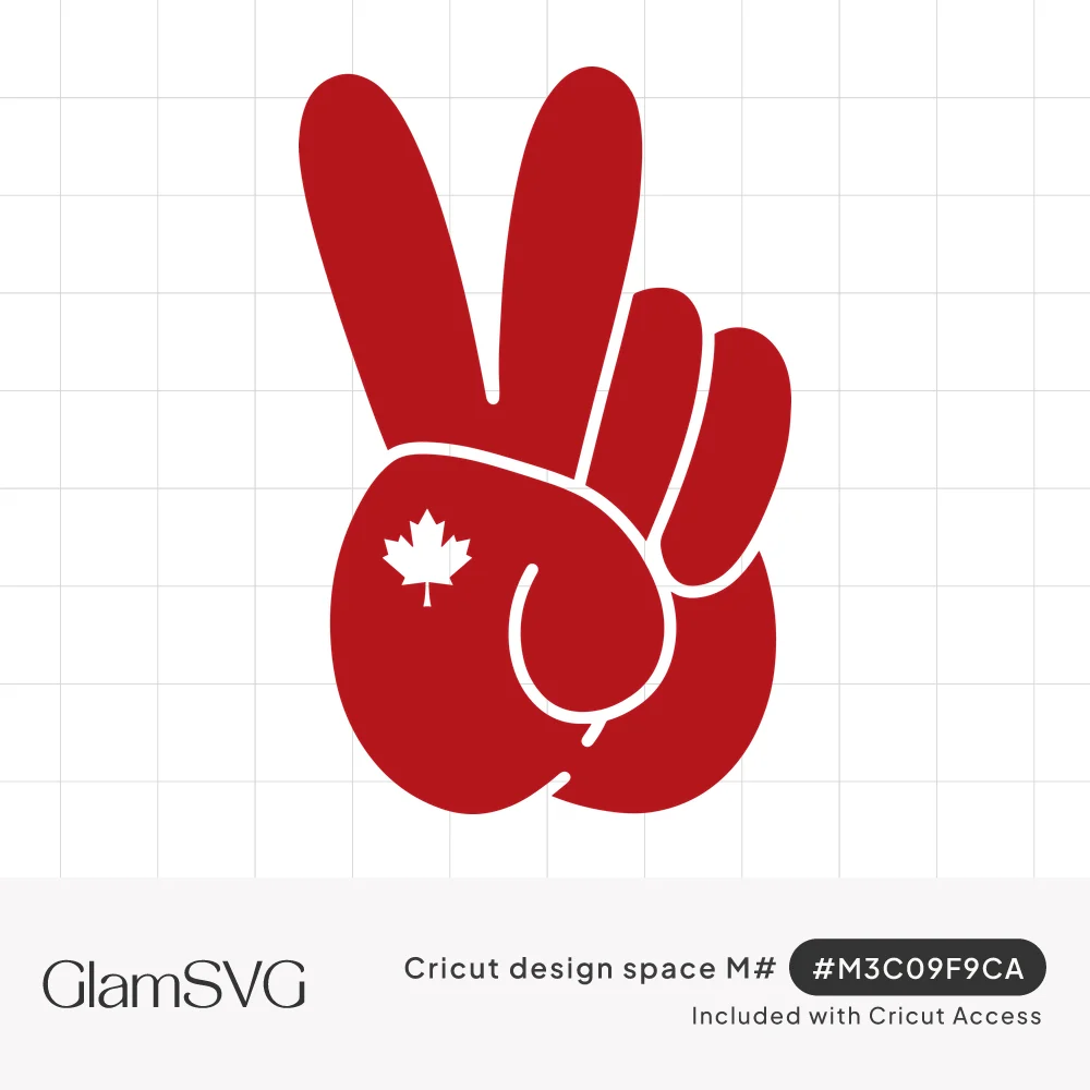 Red hand making a peace sign with a small white maple leaf on the palm and white outline details on the fingers