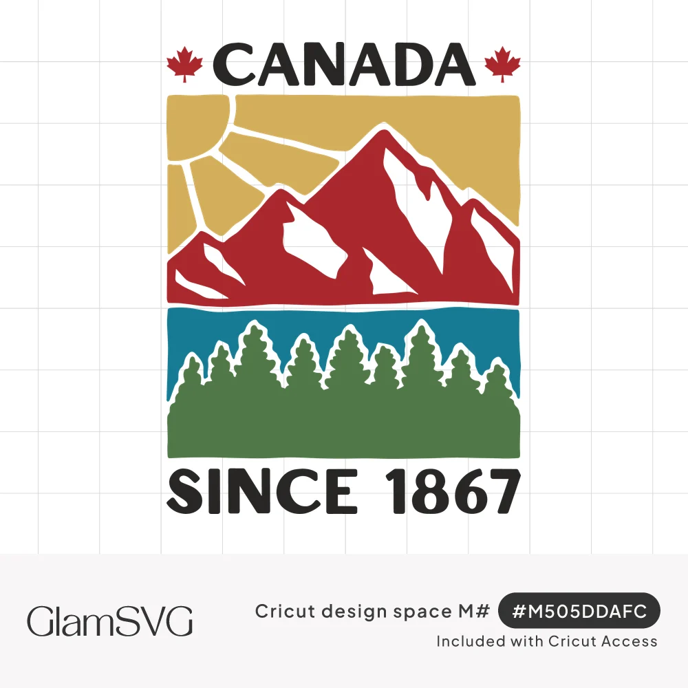 Canada Since 1867 lettering with maple leaves around a scene of red mountains, sun rays, a teal lake and green pine trees