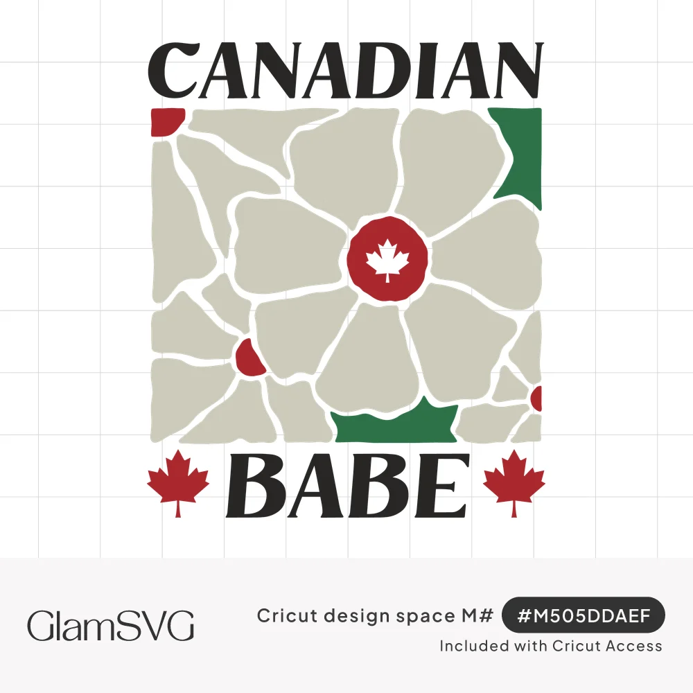 "Canadian Babe" lettering around a square of cream stained-glass flowers with red maple leaf centers and green accents