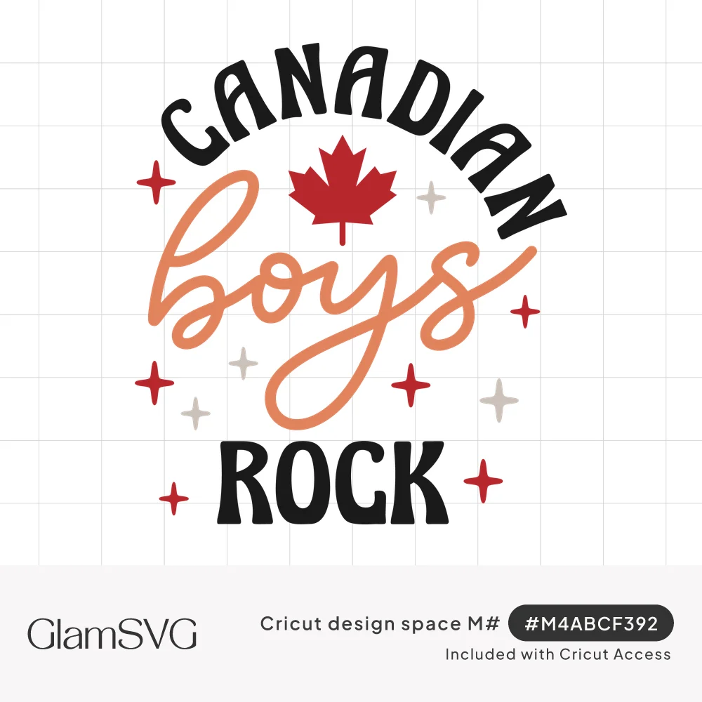 Canadian Boys Rock lettering with a red maple leaf, coral script boys, and red and gray sparkle stars
