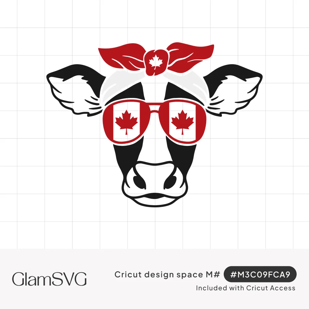 Black and white cow face wearing red Canadian flag aviator sunglasses and a red bandana with a maple leaf