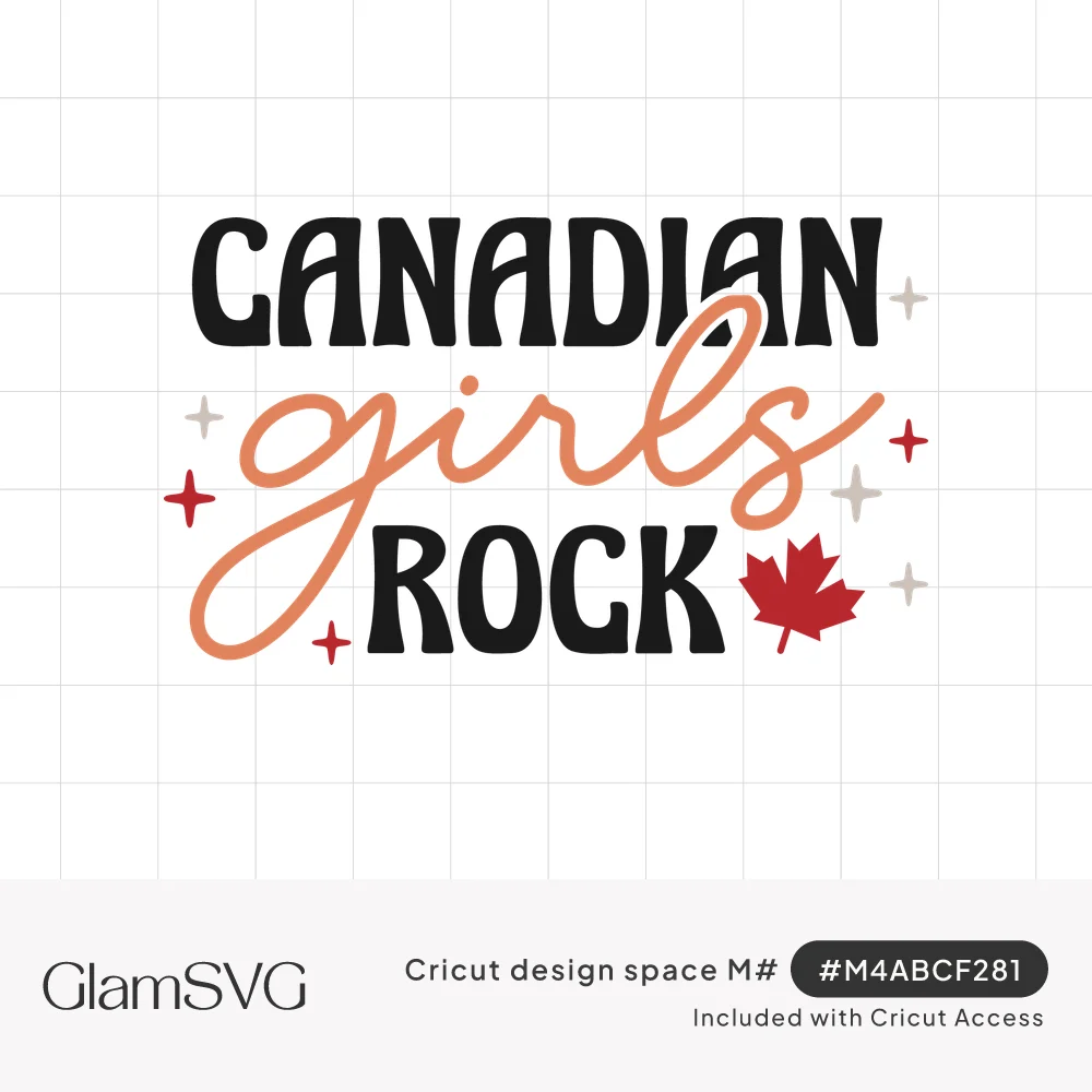 Black retro text reading Canadian Girls Rock with coral script girls, a red maple leaf and small sparkles