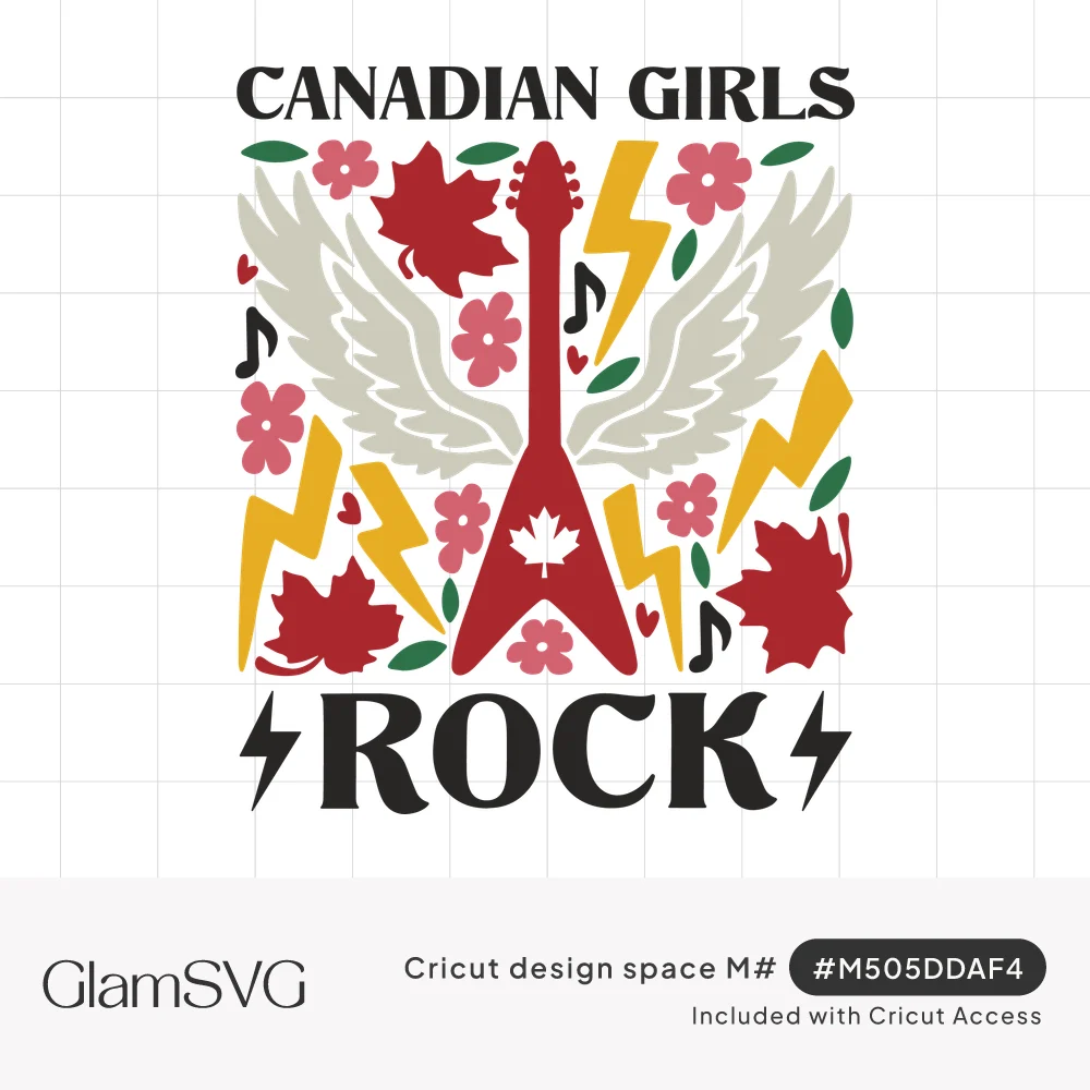 Red flying V guitar with maple leaf, gray wings, lightning bolts, pink flowers and Canadian Girls Rock lettering