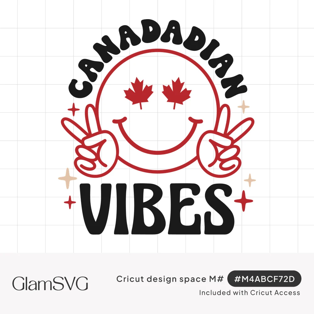 Red smiley face with maple leaf eyes and peace sign hands under arched black text reading Canadian Vibes