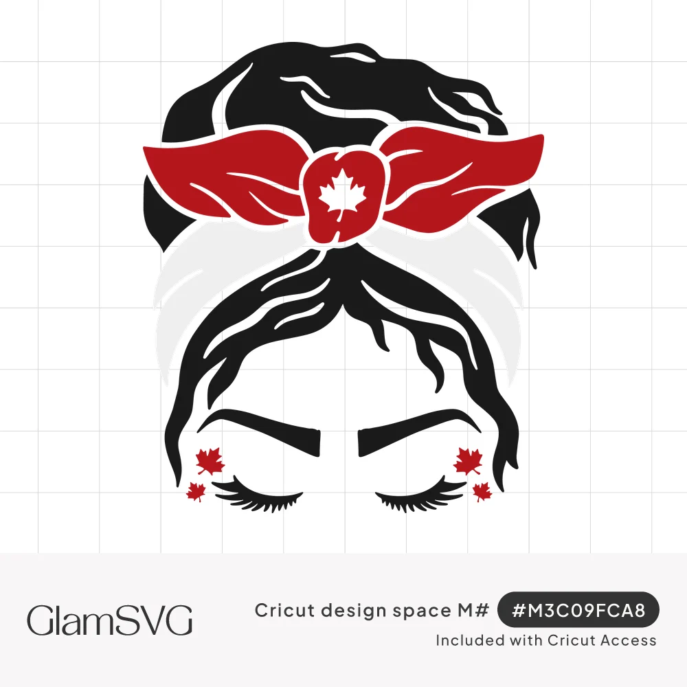 Woman's face with closed lashes, maple leaves on her cheeks, and a messy bun tied with a red maple leaf bandana