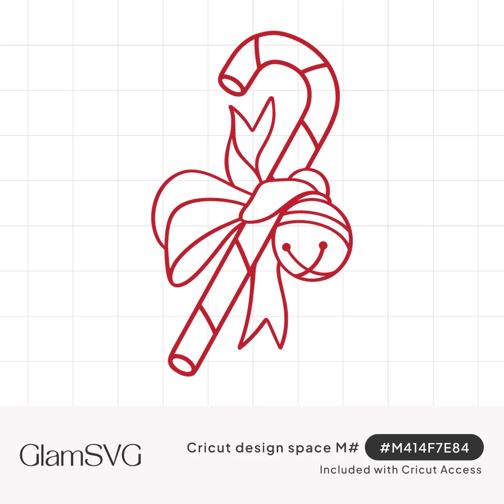 Red outline drawing of a striped candy cane tied with a looping ribbon bow and a small jingle bell