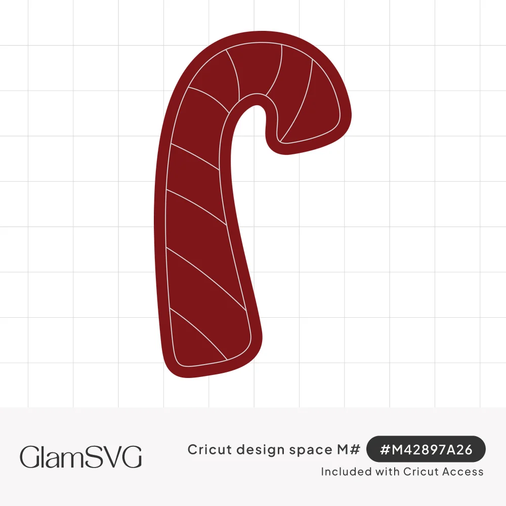 Dark red candy cane silhouette with thin curved gold stripe lines and a rounded outline