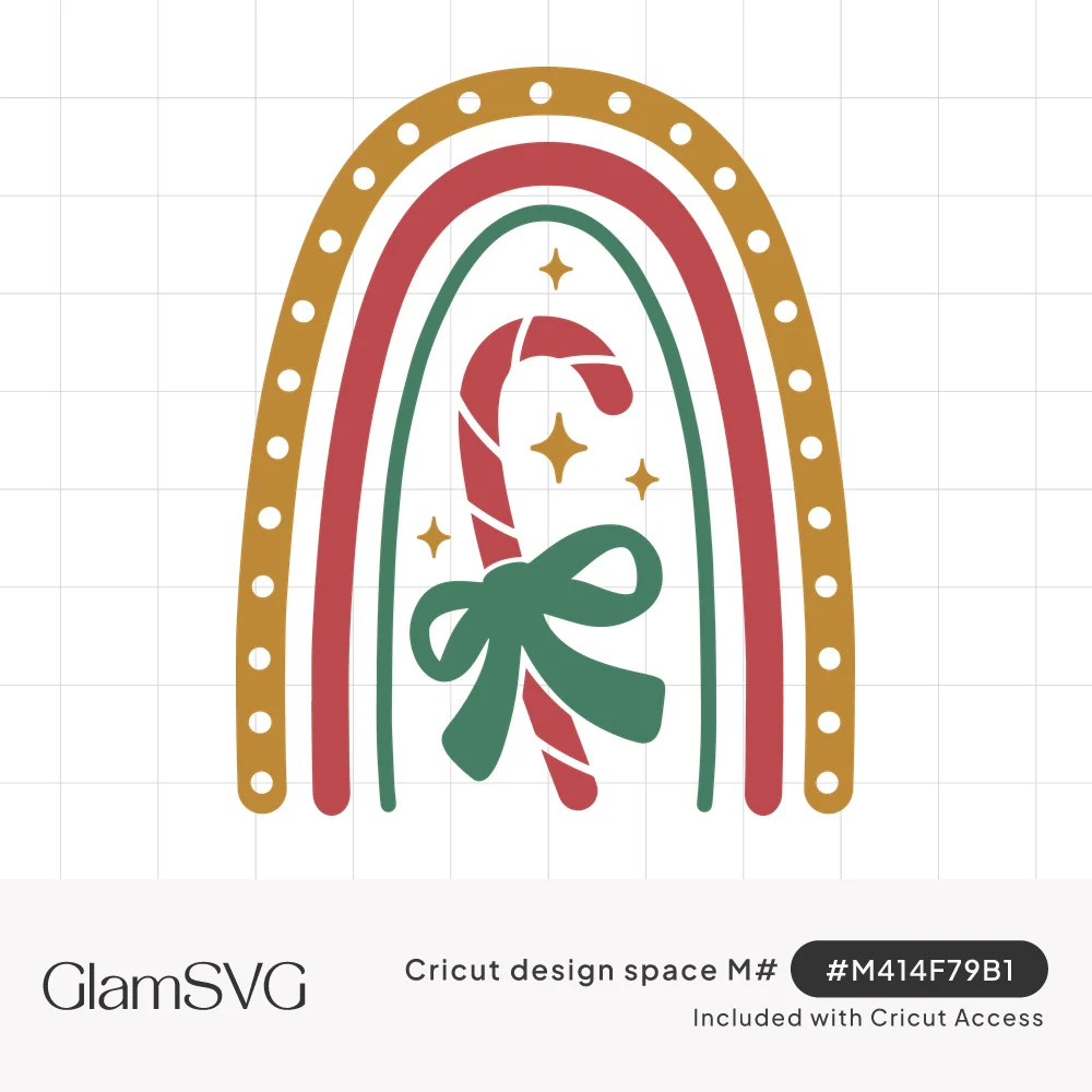 Boho rainbow arch in mustard, red and green with a striped candy cane, green bow and gold sparkles inside
