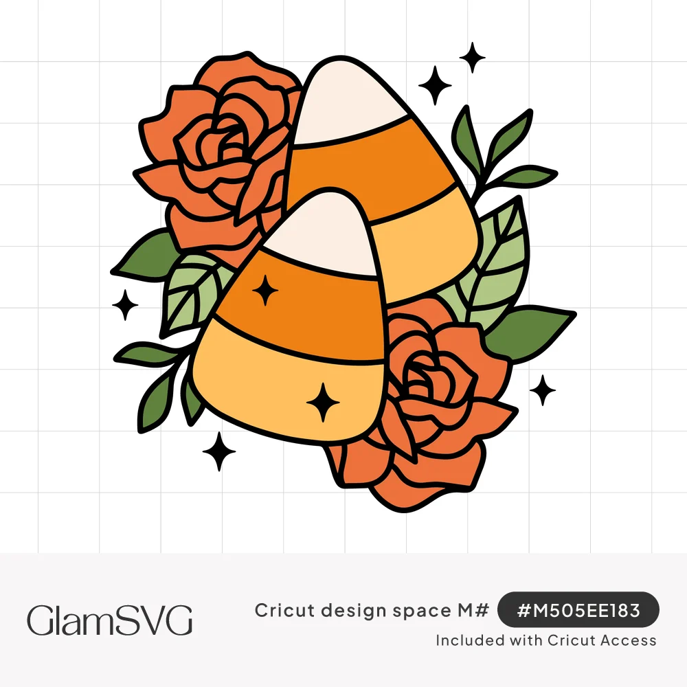Two candy corn pieces surrounded by orange roses, green leaves and small sparkles in a bold outlined style