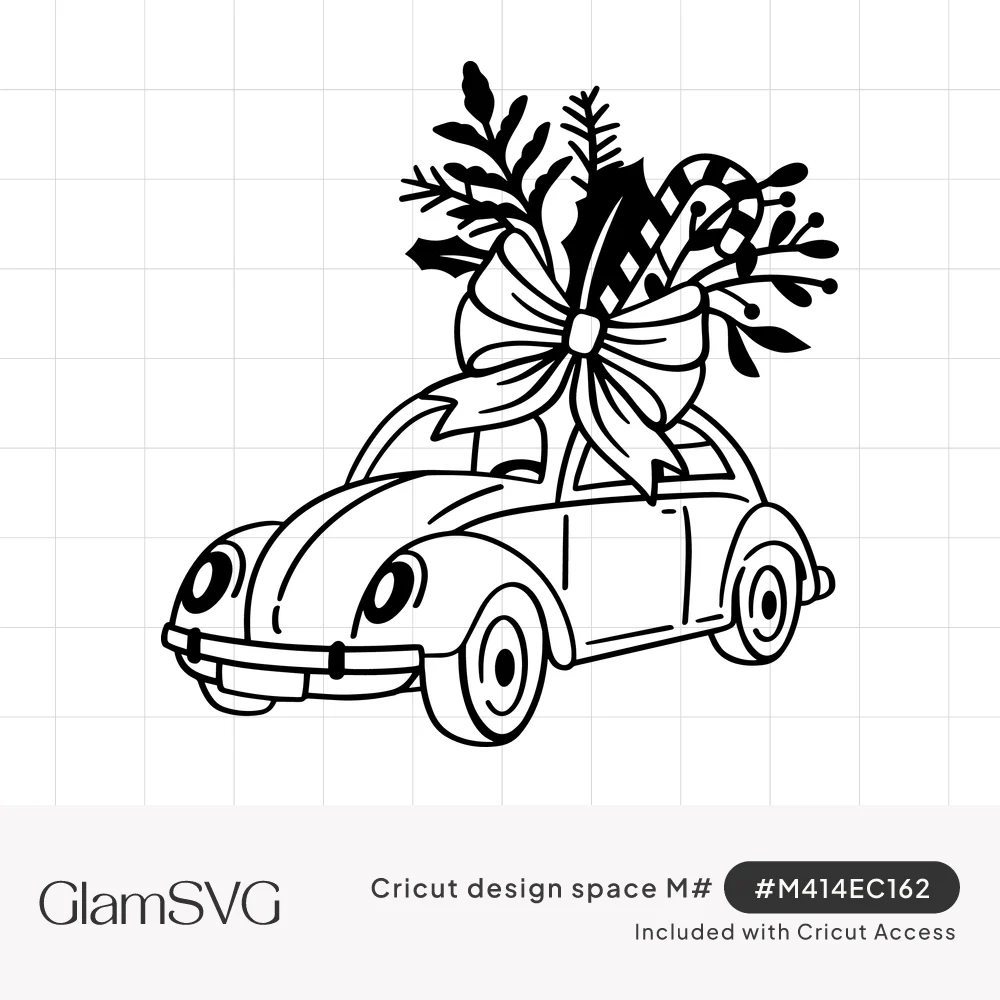 Black line drawing of a vintage bug car with a large bow, evergreen branches, holly and a candy cane on its roof