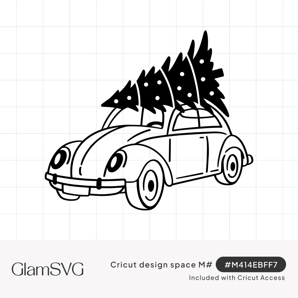 Black line drawing of a vintage bug car carrying a dotted Christmas tree tied on its roof