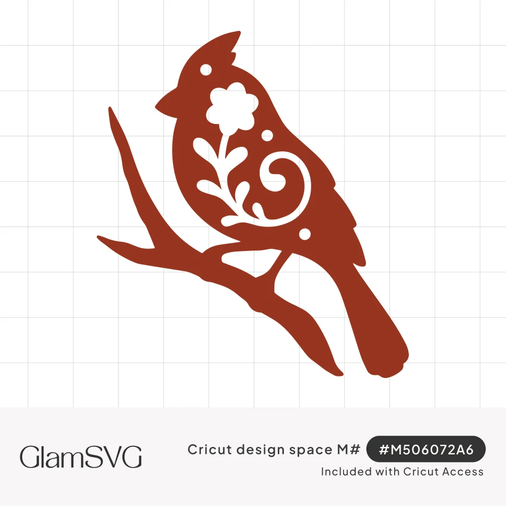 Red cardinal silhouette perched on a bare branch with a folk-style flower, leaves and swirl cut into its body