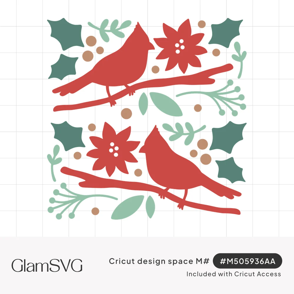 Two red cardinals on branches surrounded by red poinsettias, green holly leaves, berries and leafy sprigs