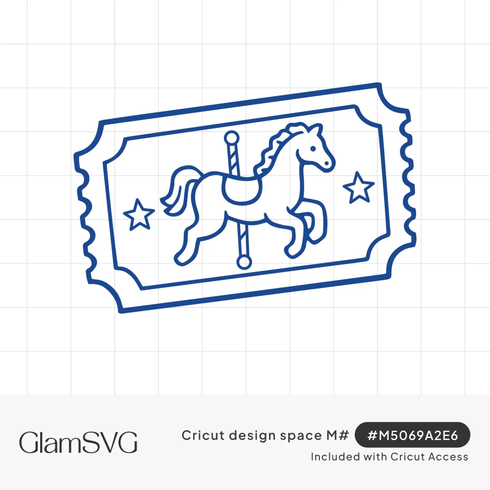 Blue outline drawing of a scalloped carnival ticket with a carousel horse on a pole between two stars