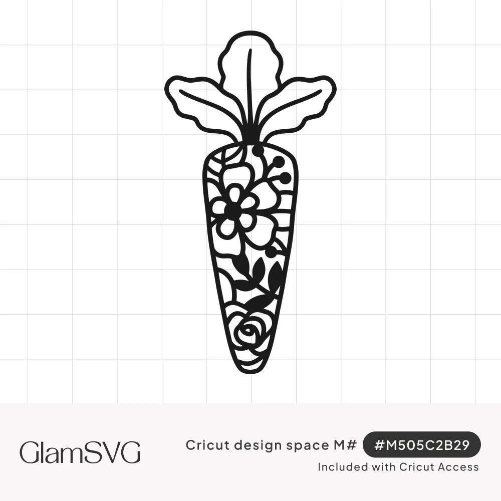 Black line art carrot with leafy top, its body filled with a cutout pattern of flowers, leaves, and a small rose