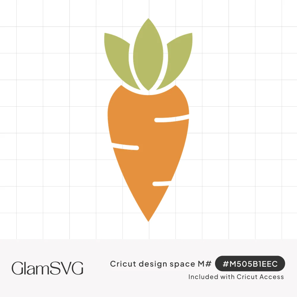 Flat orange carrot with three green leaves on top and thin white ridge lines on a white background