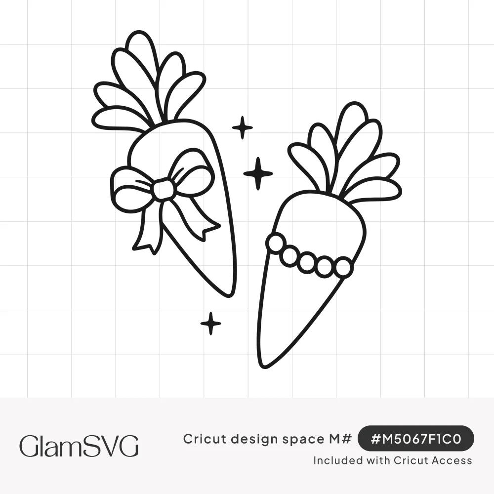 Line drawing of two carrots, one wearing a bow and one with a pearl necklace, surrounded by small sparkles