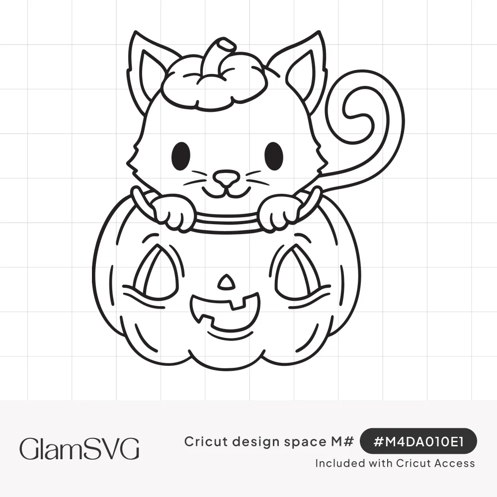 Line drawing of a cute kitten with a pumpkin stem on its head peeking out of a smiling carved jack-o-lantern