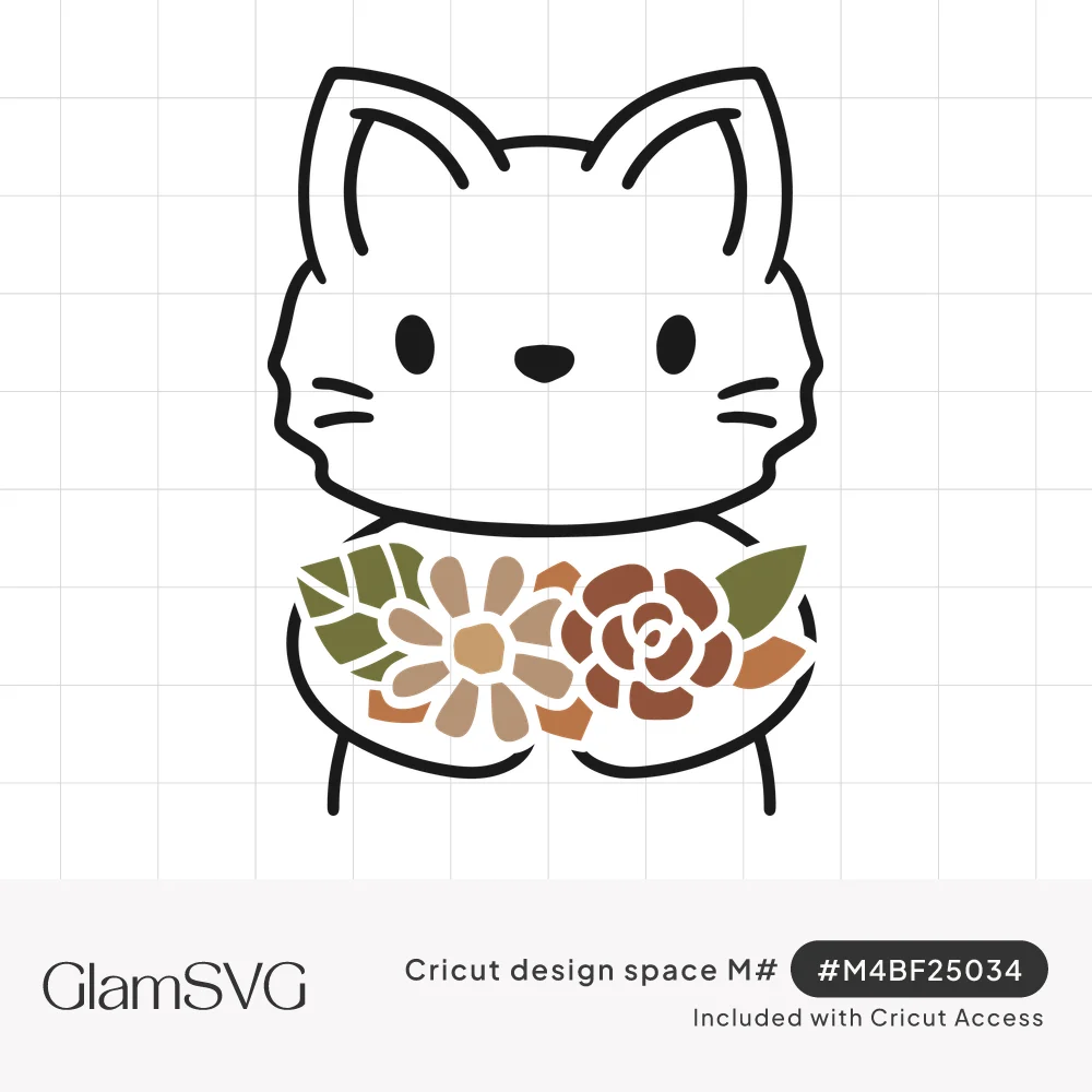 Cute line-drawn white cat holding a bouquet of a tan daisy, rust rose and green leaves in earthy colors