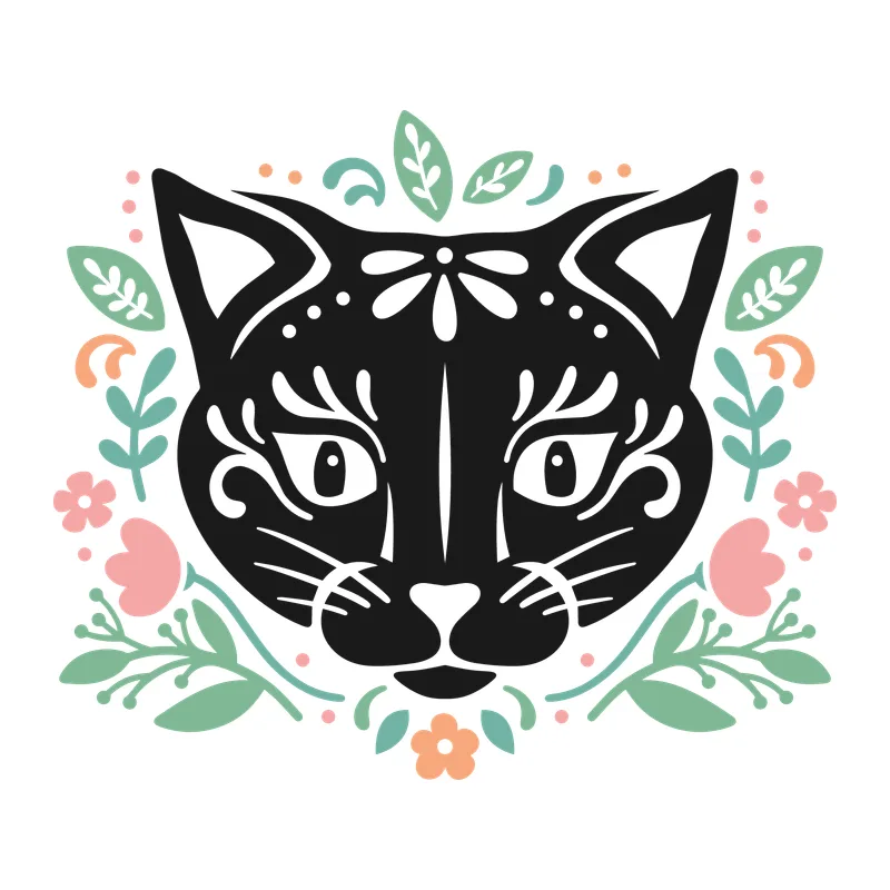 Folk Art Floral Black Cat