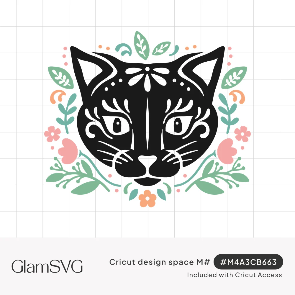 Black cat face with white folk-art swirls and a forehead flower, surrounded by pink and peach flowers and green leaves