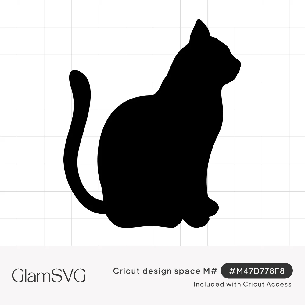 Black silhouette of a cat sitting upright facing right, with its long tail curving up behind its body