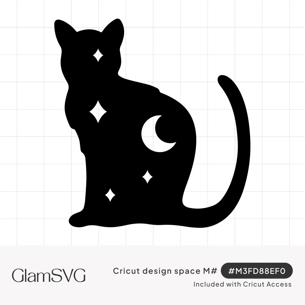Black silhouette of a sitting cat with a crescent moon and four-point stars cut out of its body