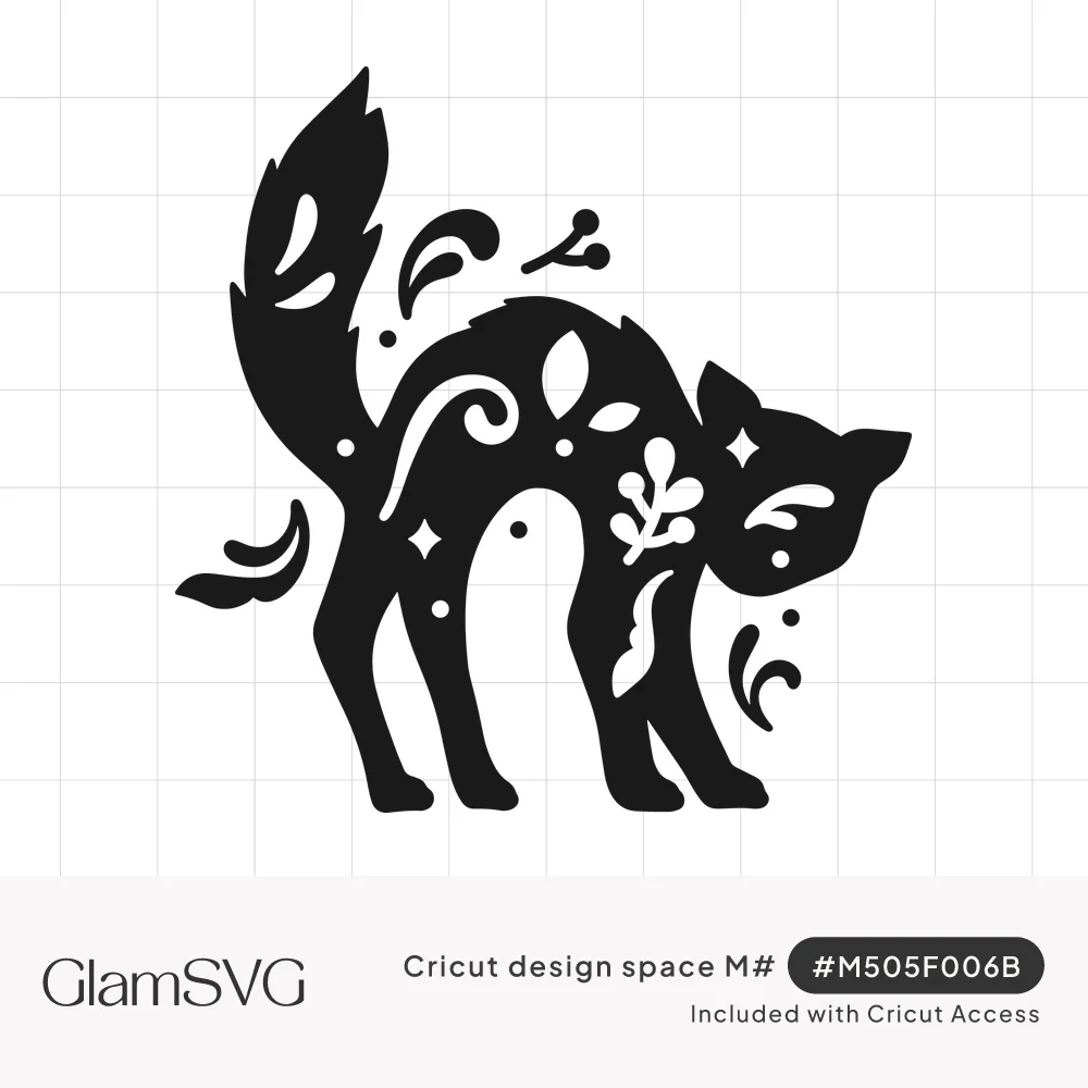 Black arched-back cat silhouette with puffed tail and folk-art leaf, swirl and sparkle cutouts