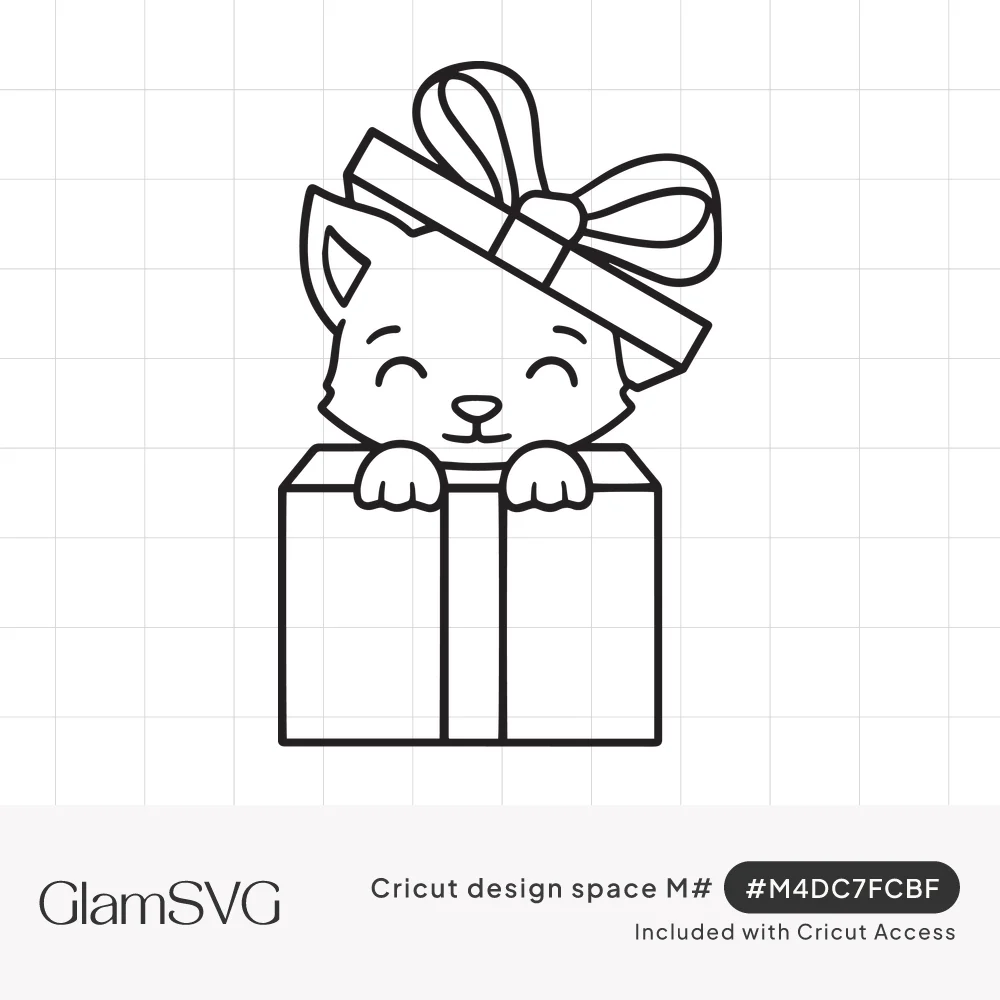 Line drawing of a smiling cat peeking out of a gift box with the ribbon-tied lid resting on its head