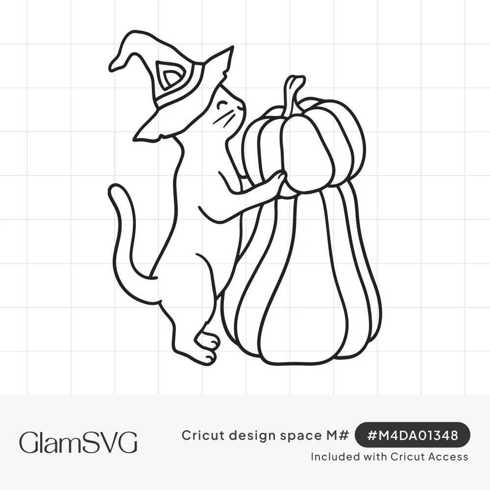 Line drawing of a cat wearing a witch hat, standing on hind legs and hugging a tall stacked pumpkin