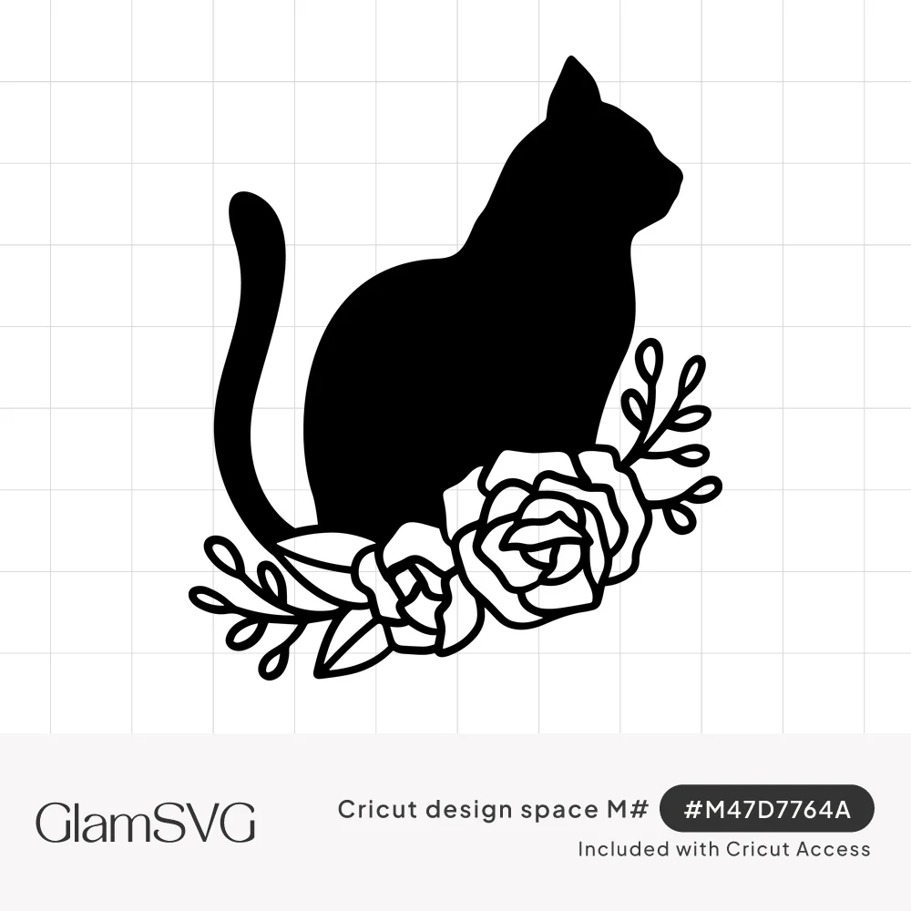 Black silhouette of a sitting cat in profile with outlined roses and leafy sprigs at its base