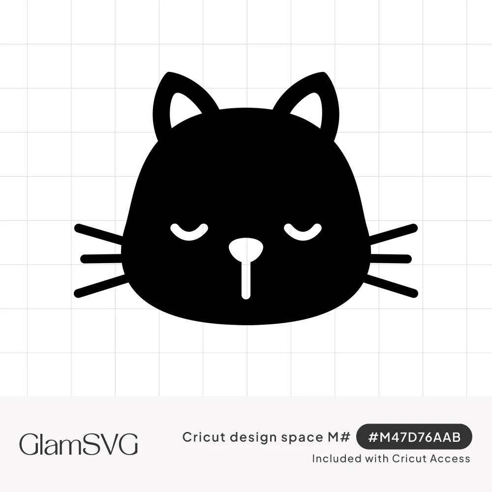Solid black cat head silhouette with pointed ears, closed sleepy eyes, small nose and long white-outlined whiskers