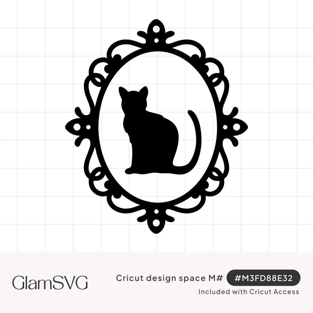 Black silhouette of a sitting cat inside an ornate oval cameo frame with Victorian scrollwork