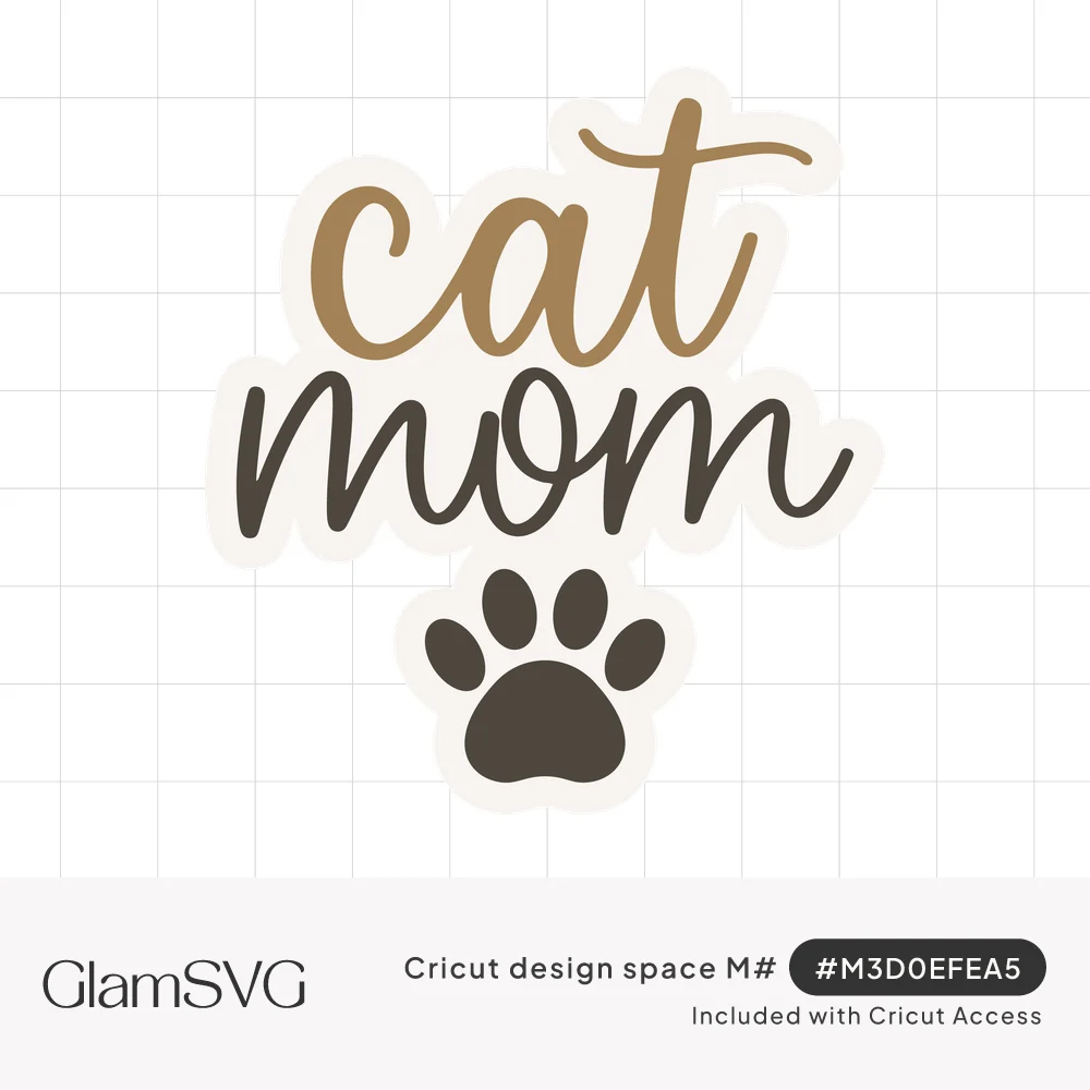 Script lettering reading cat mom in tan and charcoal with a dark paw print below, framed by a white outline