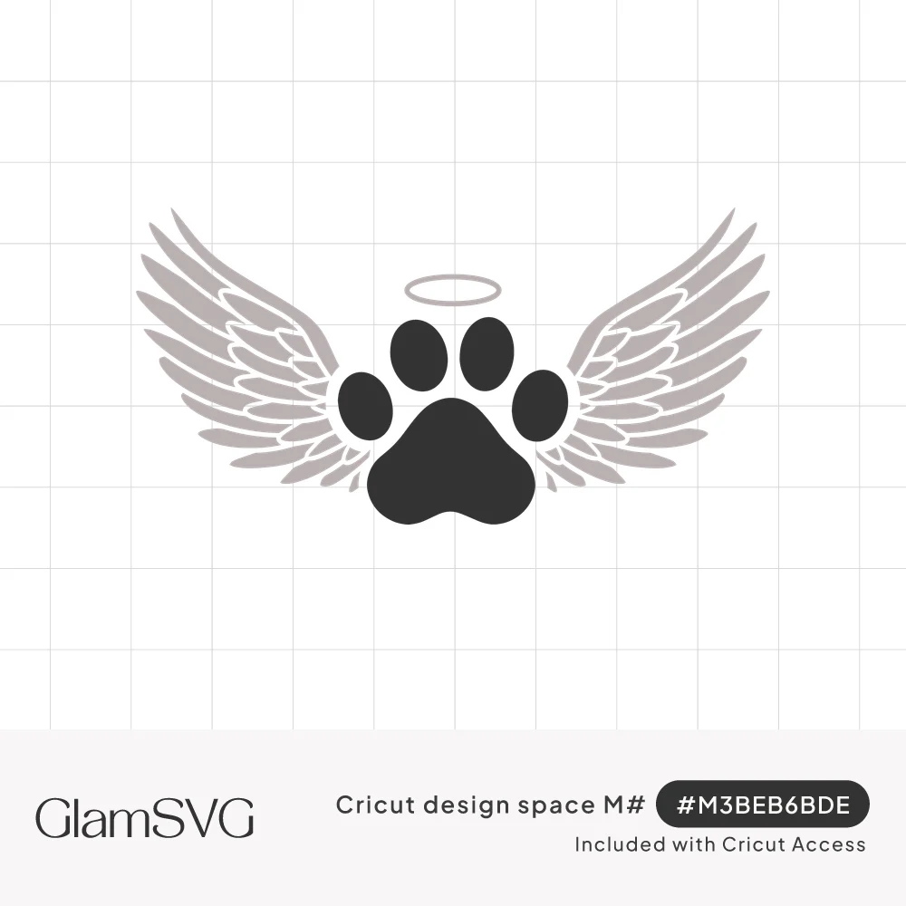 Black paw print with gray feathered angel wings on each side and a thin halo above it