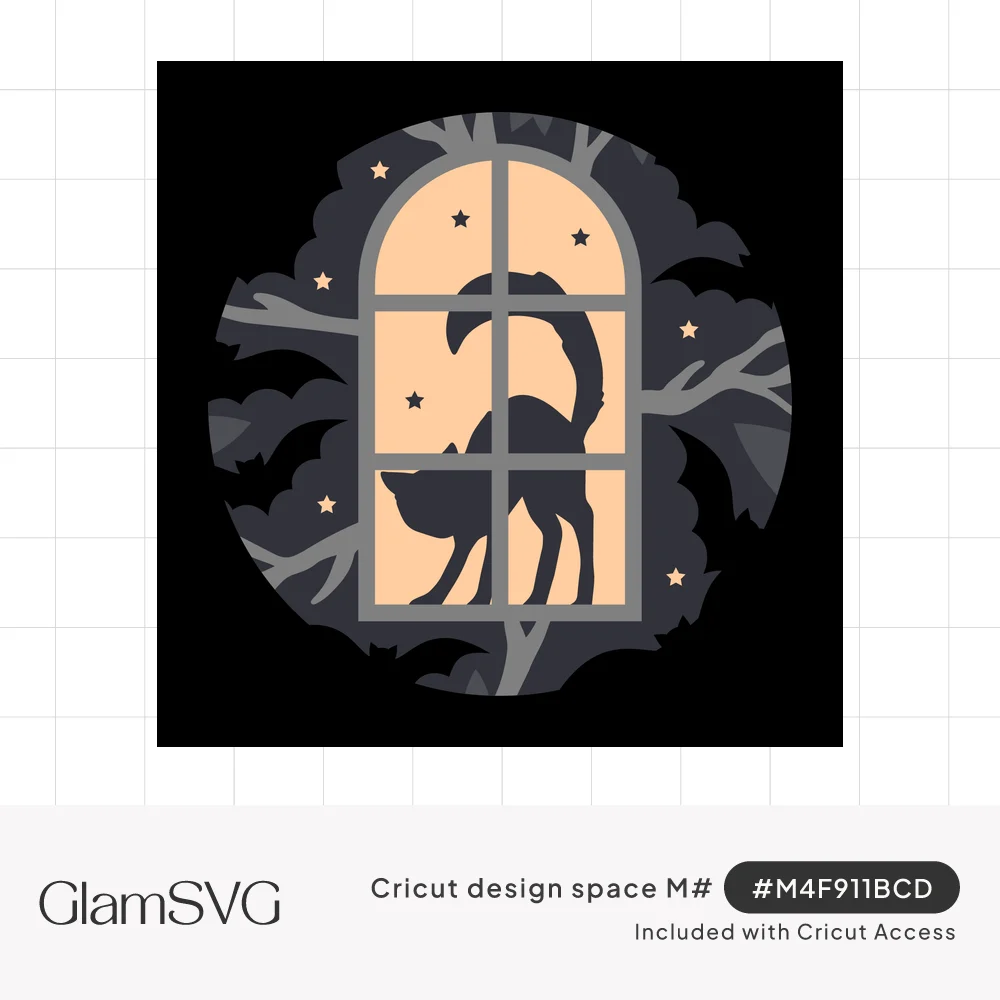Black cat silhouette with arched back in a glowing peach arched window, surrounded by gray bare branches and stars