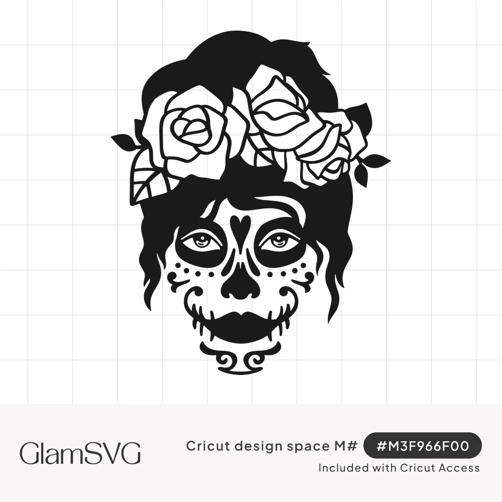 Black and white Catrina face with sugar skull makeup, a heart on the forehead, and a crown of large roses over wavy hair