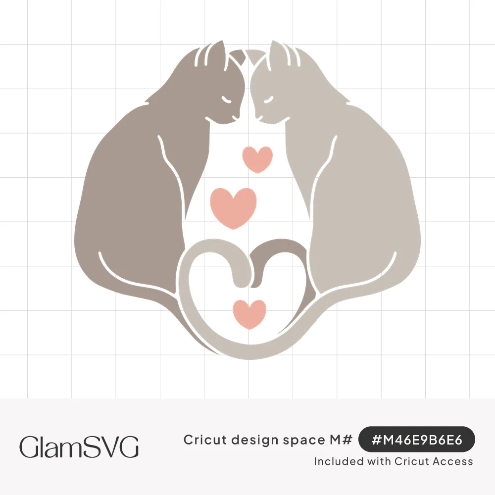Two gray cat silhouettes nose to nose with tails forming a heart, pink hearts floating in the space between them