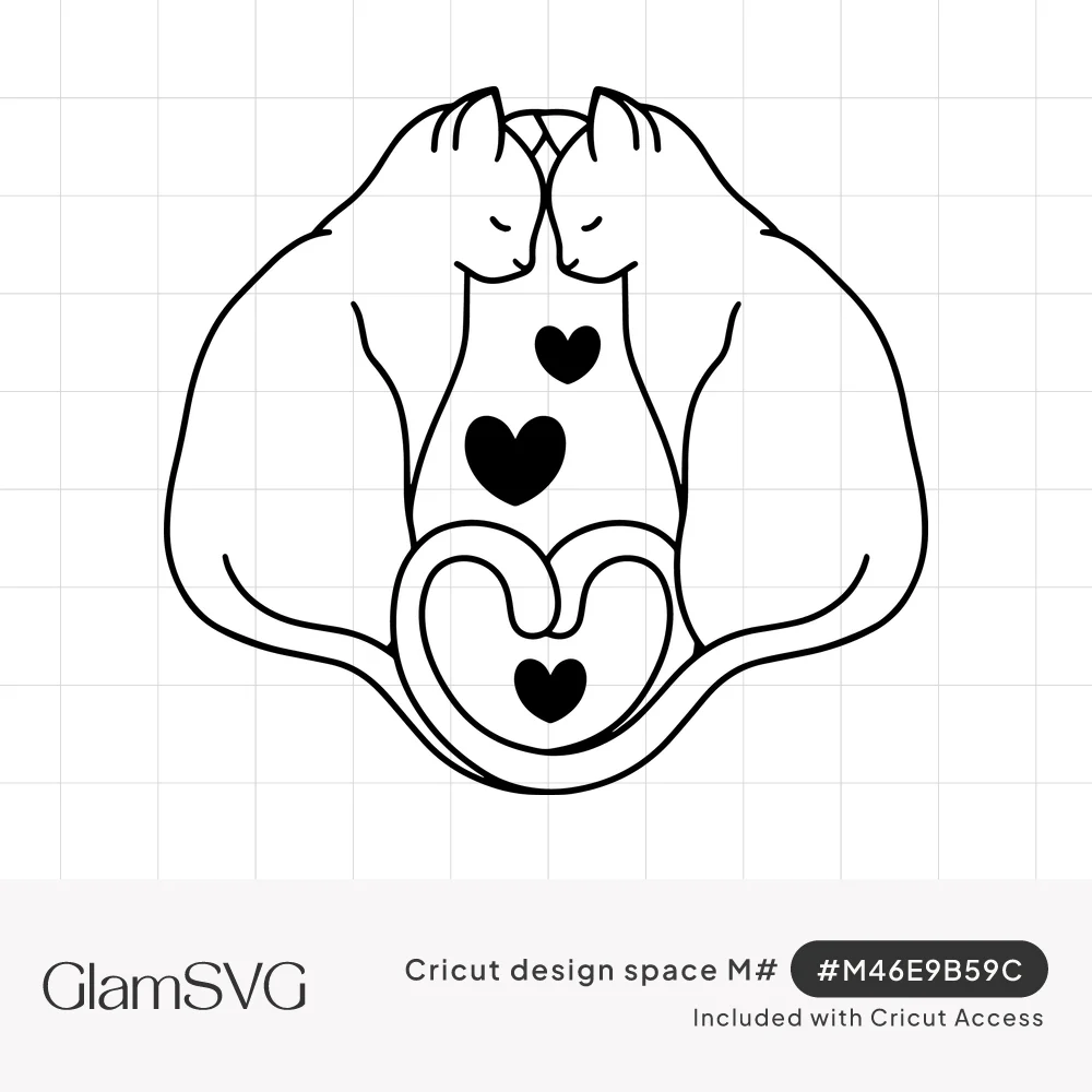 Line drawing of two cats nose to nose with eyes closed, tails curled into a heart, and three black hearts between them