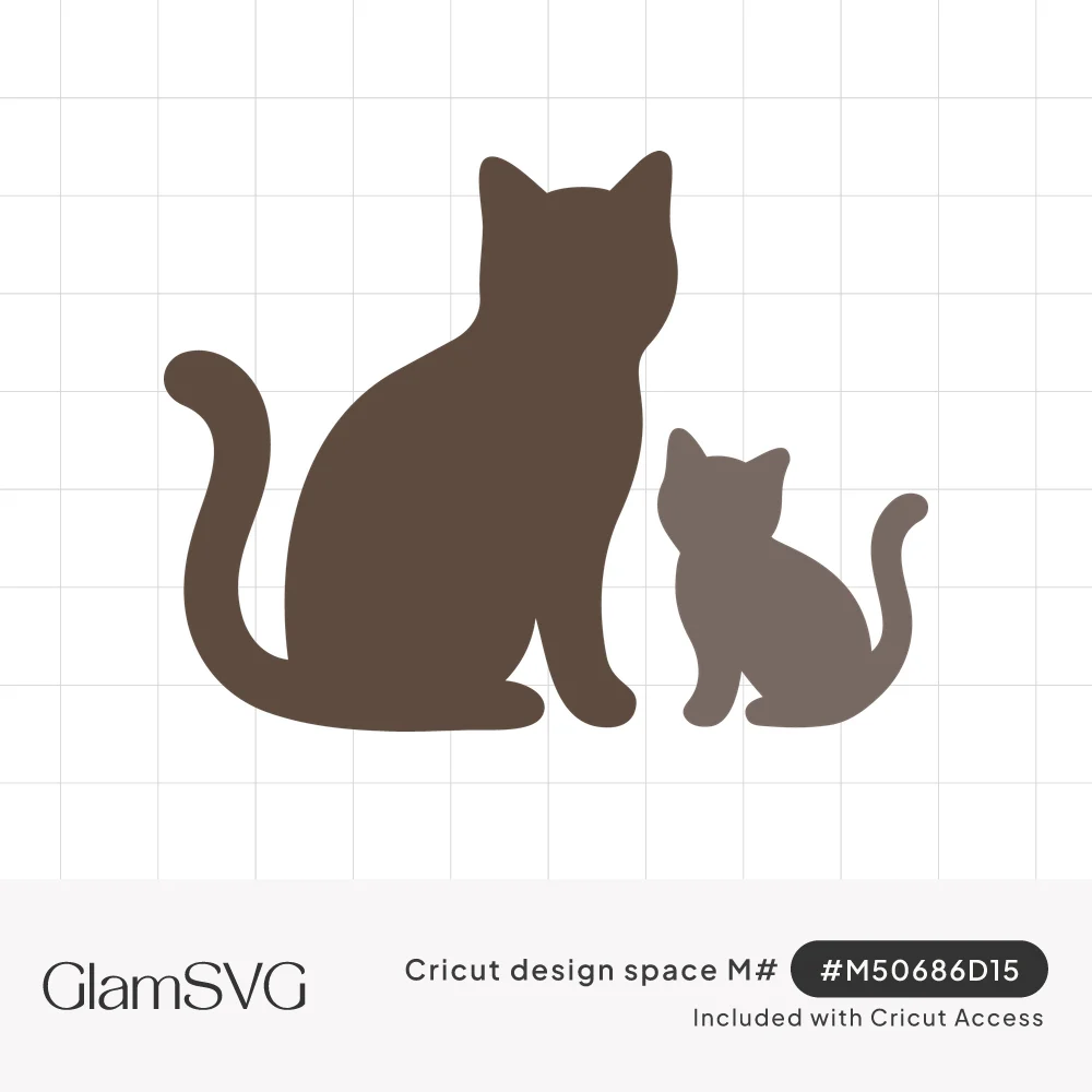 Silhouette of a large dark brown cat sitting beside a smaller lighter brown kitten, both with curled tails