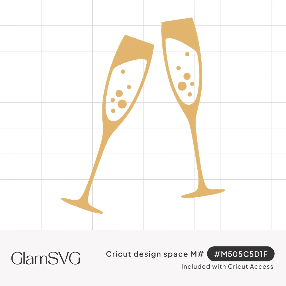 Gold silhouette of two champagne flutes clinking together in a toast, with round bubbles cut out inside each glass