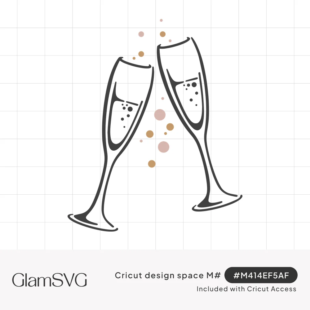 Line drawing of two champagne flutes clinking together with pink and gold bubbles floating between them